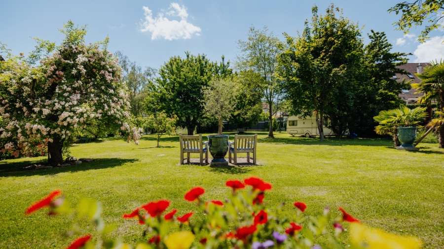 ...verzaubert mit Blütenpracht - Wohnen im Denkmal: Historische Schlosshälfte in Opfingen mit einem parkähnlichen Grundstück