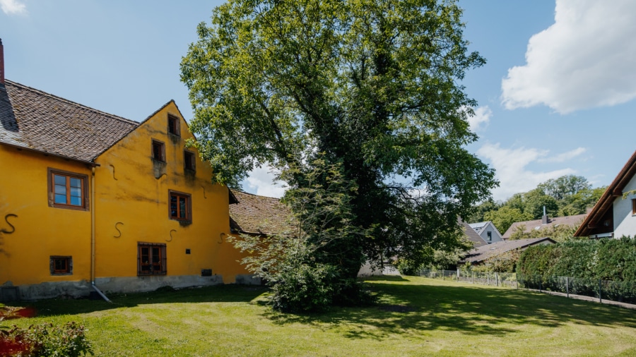 Rückansicht des Anwesens - Wohnen im Denkmal: Historische Schlosshälfte in Opfingen mit einem parkähnlichen Grundstück