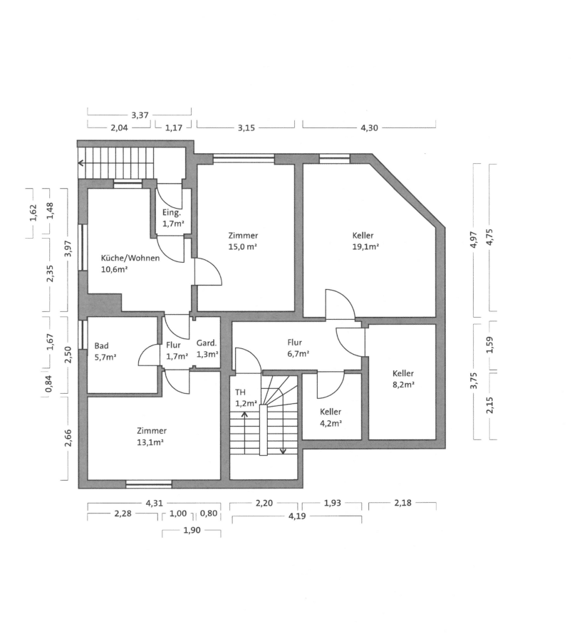 Sehr gepflegtes Zweifamilienhaus mit Einliegerwohnung in March-Neuershausen - Grundriss Einliegerwohnung und Kellerbereich