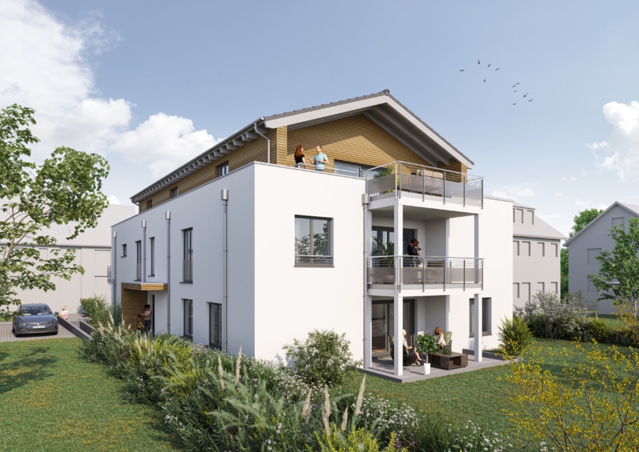 Neubauvorhaben in Gundelfingen: 3,5-Zimmer-Erdgeschosswohnung mit Gartenanteil - Gartenansicht