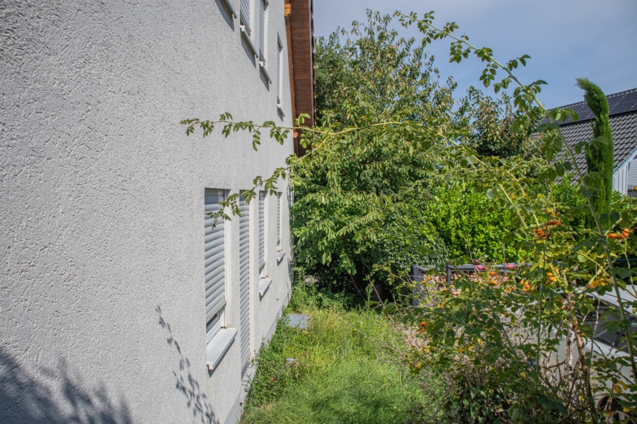 Südseite des Hauses mit Grünstreifen - Vermietete, renovierungsbedürftige Doppelhaushälfte in ruhiger Lage von FR-Waltershofen