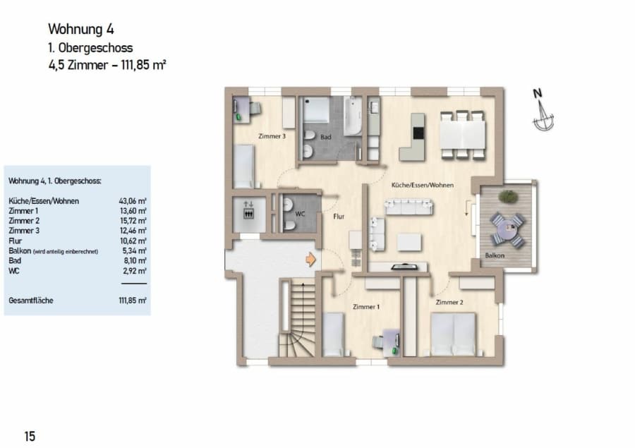 Grundriss Wohnung Nr. 4 - Große 4,5-Zimmer-Wohnung im 1.OG mit überdachtem Balkon und schönem Ausblick